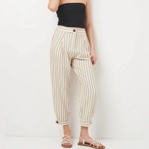 Zara High Waisted Striped Linen Blend Pants XS Cropped Tapered Ankle